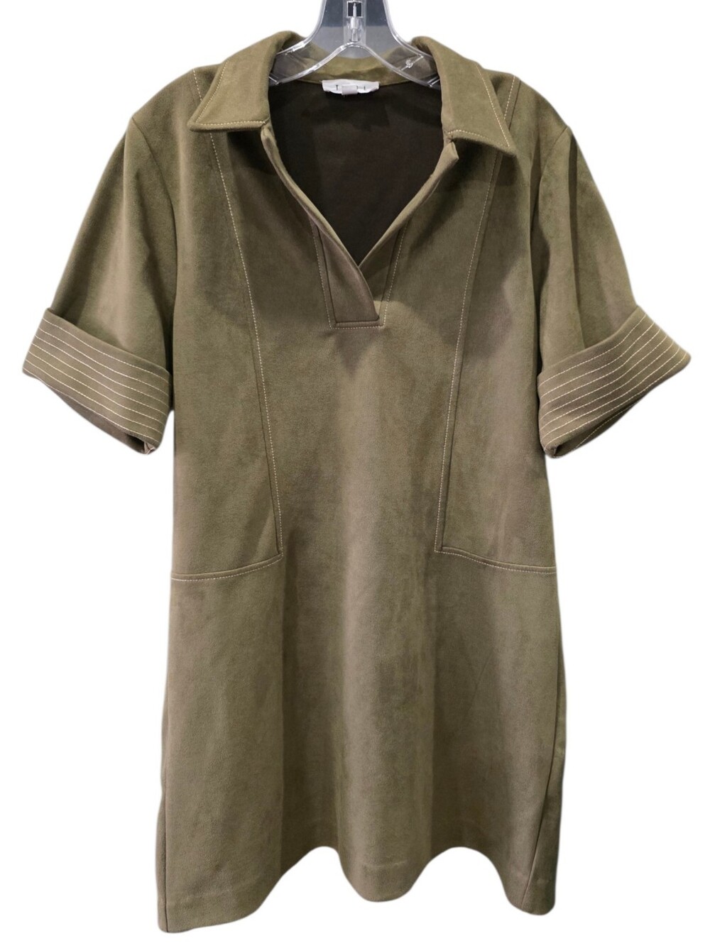 THML Olive Green Faux Suede Mini Dress with Short Sleeves Size Small